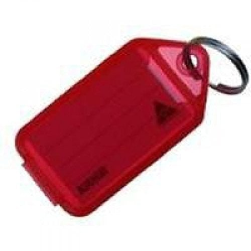 Kevron 56x30mm Red Key Tags with Labels Pack of 100 in Display Box for Identification, Security, Luggage, Pet Names, Memory Sticks, Home & Office