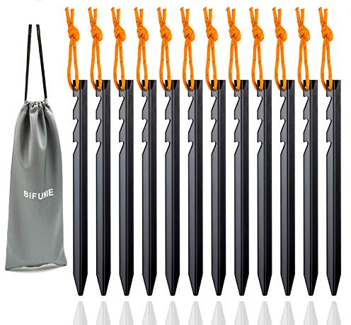Aluminum Alloy Tent Stakes Pegs, 12-Pack Aluminum Ground Pegs with Reflective Pull Ropes, Lightweight Metal Stakes Pegs for Camping Tents Hammocks (Black)