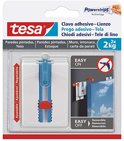 Tesa Chiodi Adesivi per Carta da Parati e Intonaco – Reglabile Orizzontale/Vertticale – Autoadesivo – Quadri e Telai – 2 kg per Chiodo – Rimovibile senza Tracce