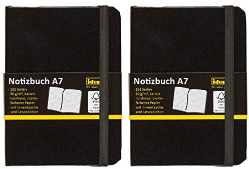 Idena 209283 Notizbuch FSC-Mix, Papier cremefarben, 96 Blatt, 80 g/m², Hardcover (A7 kariert, schwarz, 2 Stück)