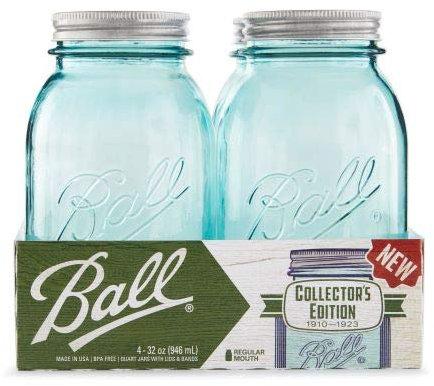 Ball Aqua Blue Vintage Regular Mouth 946ML/2 PINT/32OZ/ Quart Glass Mason Jars, 4-Pack