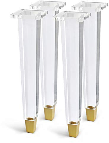 JEREVER Lot de 4 pieds de meubles en acrylique de 40,6 cm pour table basse, bureau, banc, projets de bricolage - Décoration moderne et transparente (pieds carrés/pieds dorés)