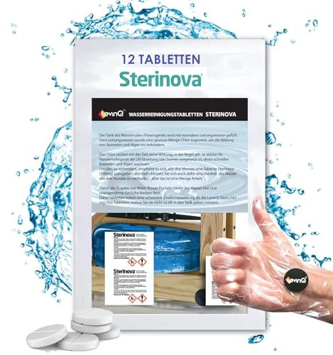 LevinQ 12x Tabletten Extra stark für Wasser Rudergerät wie WaterRower, Skandika, 1.5 Jahresbedarf + Handschuhe, Water Purification Tabletten gegen Algen, puritabs Maxi Sterinova