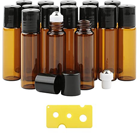 Pxyelec 15Pack 5ml Amber Glass Essential Oil Roller Bottles with Stainless Steel for Sample Display, Perfume Oils