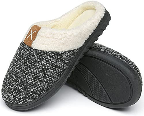 ChayChax Cálido Zapatillas de Casa para Hombre Mujer Espuma de Memoria Pantuflas de Invierno,Negro Blanco A,42/43 EU