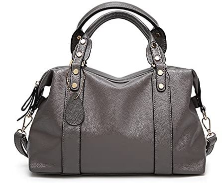 PORRASSO Elegant Handtasche Damen Schultertasche Frauen Henkeltasche Wasserdicht PU Leder Umhängetaschen Arbeit Reise Verabredung Boston Tasche Grau