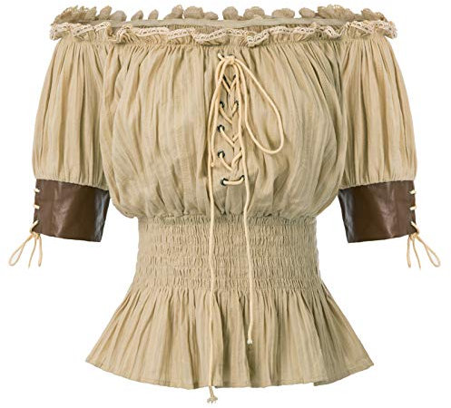 Damen Viktorianische Bluse Schulterfrei Smocked Taille Frauen Tops Oberteile Khaki L