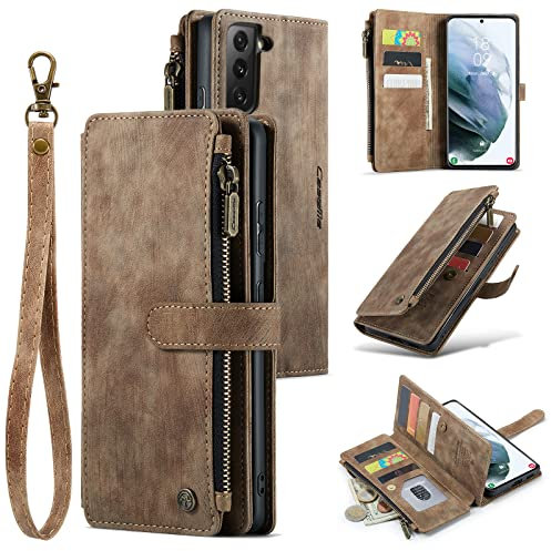 UEEBAI Handyhülle für Samsung Galaxy S21 5G, Retro Reißverschluss Hülle PU Leder Weich Klapphülle Magnetverschluss Kartenfach Standfunktion Geldbörse mit Trageband Hülle - Braun