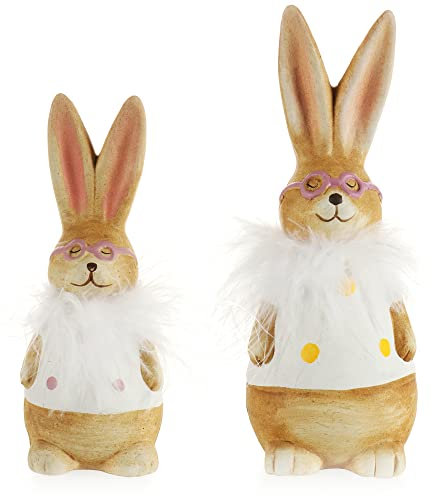 com-four® 2X Deko Aufsteller für Ostern, Bunte Osterhasen mit Brille, Osterdeko zum Hinstellen, Osterdekoration aus Keramik (2 Stück - 14cm + 19cm weiß)