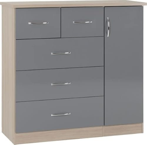 Kelsey Stores Nevada 5 Drawer 1 Door Low Wardrobe Chest With Metal Hanging And Metal Handles (Grey Gloss/Light Oak Effect Veneer)
