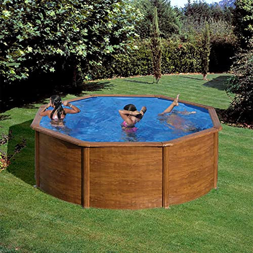 Paradies Pool® Gre Giant rund 350x120cm (Ø x H), Stahlwandbecken Holz, Poolplane in blau 0,4mm, Handlauf extra breit, inkl. Skimmer-Set und Leiter, Swimmingpool, Menge: 1 Stück