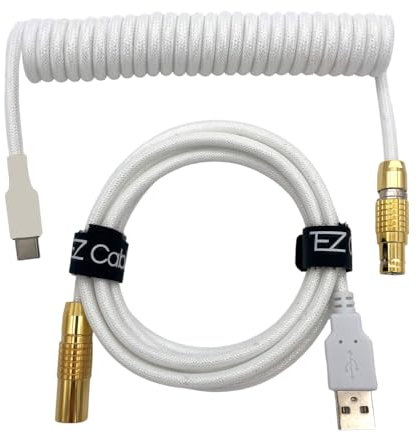 Tez Cables Pro Custom Coiled USB C Cable for Gaming Keyboard, Double-Sleeved Mechanical Keyboard Cable with Slim Type Detachable Gold Aviator, 5 FT USB-C to USB-A, White Gold Color