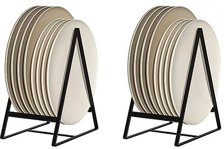 Hikinlichi Triangle Plate Holders Organizers 2 Pack Upright Cabinet Dish Drying Racks Metal Plate Dish Organizers Racks Stands for Countertop and Cupboard Black