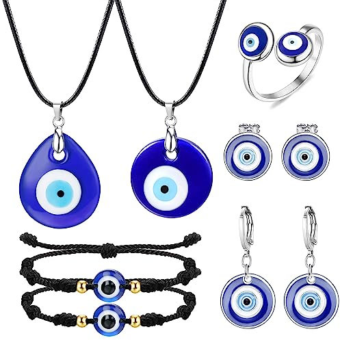 Dochais 9 teiliges Evil Eye Halskette mit Armband, Ring Ohrring Set, Hamsa Hand, Türkisches Blaue Glas, Evil Eyes Kette, 7 Knoten Evil Eye Kabbalah Amulett, Schützende Glücksarmbänder für Damen Herren