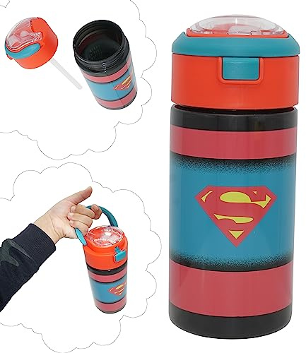 HOVUK 500 ml Superman-Wasserflasche mit Klappverschluss, 18 cm, nachfüllbare Supra-Flasche mit breiter Öffnung, Reise-Wasserflasche für Jungen ab 3 Jahren