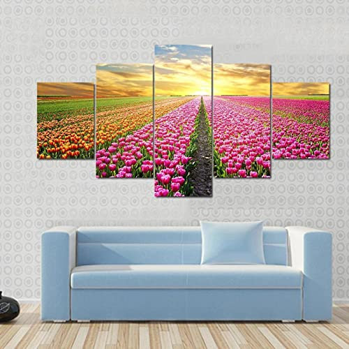 WAGYU 5 teiliges Bild Tulpenfeld bei Sonnenaufgang 5 teilig leinwandbilder,leinwanddrucke Bilder,Bild leinwand XXL 5 teilig,wandbilder Schlafzimmer Dekoration,Bilder,Poster,kunstdrucke 125x60cm