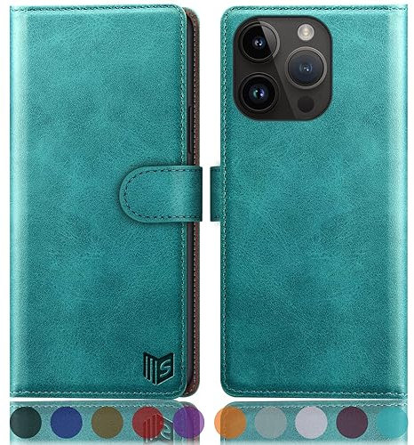 SUANPOT for iPhone 15 Pro Max 6.7 inch case with [Credit Card Holder][RFID Blocking],PU Leather Flip Book Protective Cover Women Men for Apple 15 Pro Max Phone case Blue Green