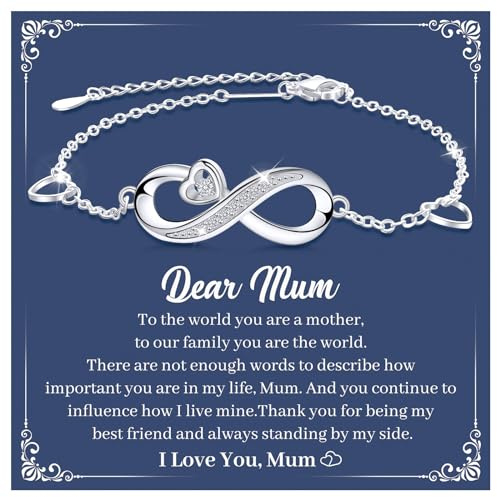 CheersLife Infinity Heart Bracelet for Mum from Daughter or Son - Sterling Silver Adjustable Anniversary Jewelry for Mother's Day, Birthday Gifts