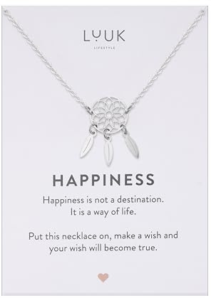 LUUK LIFESTYLE Feminine Halsketten aus Edelstahl mit schlichten Anhängern in zeitlosem Design, Glücksbringer, alltagstauglich und langlebig, HAPPINESS Spruchkarte, Geschenk, Silber, Gold, Roségold