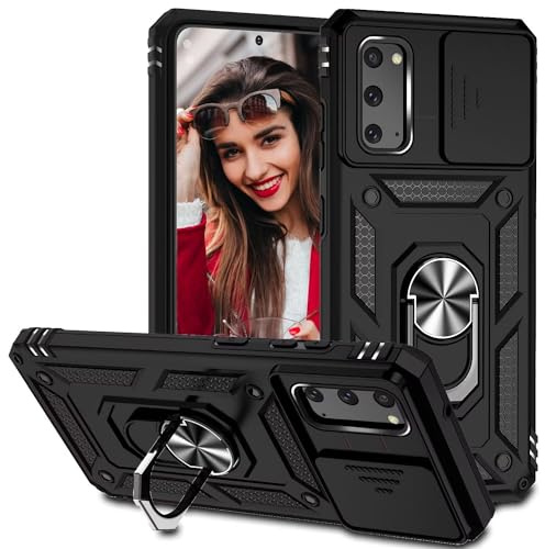 POUHYE Handyhülle für Samsung Galaxy S20 Hülle, [Slide Camera] Hybrid Militärqualität Stoßfest Bumper Outdoor Handyhülle mit 360° Drehbarer Metall Ring Ständer Schutzhülle Case Schwarz