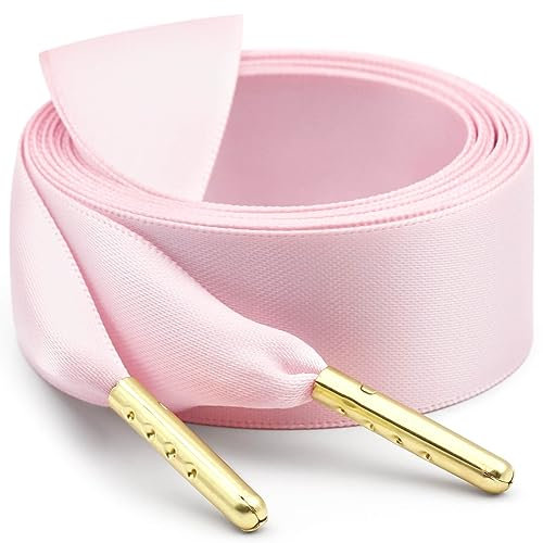 WEGOODZF Seidenband Ribbon Satin Schnürsenkel: 2 Paar 100CM Rosa 2CM Breite mit Metallspitze Flache Satinband Schuhbänder für Turnschuhe Damen Sportschuhe