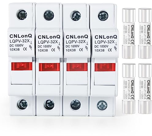 DEWIN PV Sicherung, 4 Stück 1P Solar PV Sicherungshalter mit Licht DC 1000V Hutschienenmontage und 4 Stück Keramik Sicherung Feinsicherung 30A