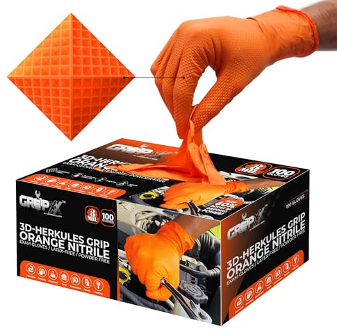 GRIPXX Herkules Grip 8mm Orange Nitrile Gloves, 3D Embossed Diamond Texture, Latex & Powder Free, Industrial, Mechanical (1, Small)