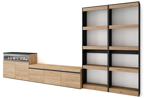 Skraut Home | Wohnwand Wohnzimmer | Wohnzimmermöbel, Möbelset | 370x186x35cm | Für TV-Geräte bis zu 65 | Elektrokamin. | Moderner Stil | Eiche Schwarz