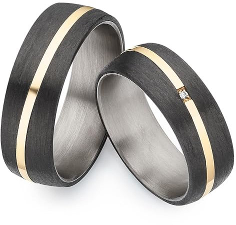 123traumringe Eheringe in Carbon, Titan & Gold I Partnerringe mit Brillant & Etui I Gravierbare Eheringe mit Ringgröße 50-70 mm I Edle Verlobungsringe in 7 mm Breite & 2,1 mm Stärke I P31