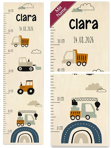 Shirtracer Messlatte Kinder personalisiert Baustelle Fahrzeuge | Holz, 0 - 60 cm, Bagger, Baufahrzeug, Traktor, Bauernhof, Landwirtschaft, Trecker, Kran, Dekoration, Geschenk, Wand-Deko