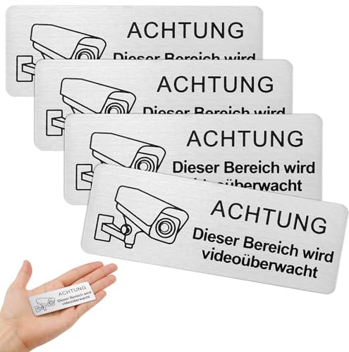 Rierousy 4 Stück Achtung Videoüberwachung Schild Klein 8.5x3 cm, kamera überwachung innen, Achtung Privatgrundstück, Selbstklebend & Aluminium Warnschild