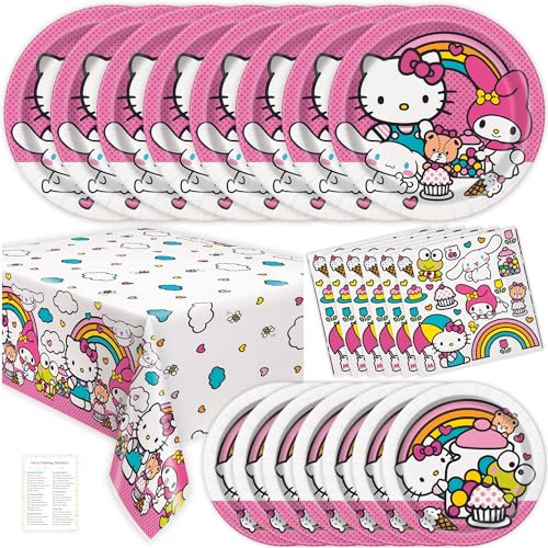 Juego de decoraciones de cumpleaños de Hello Kitty, sirve 8 unidades, platos y servilletas de Hello Kitty, mantel, lista de verificación, suministros de fiesta de Hello Kitty con licencia oficial