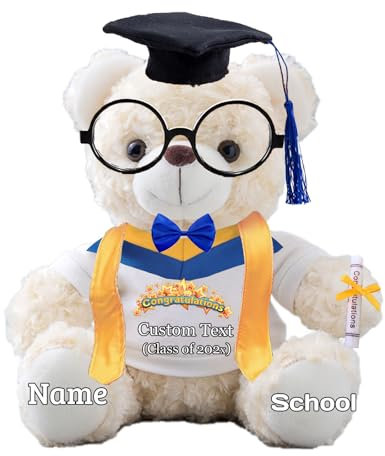 Personalisierter Abschluss-Teddybär mit Brille und Abschlussschal, Abschlussgeschenke für Ihn 2024 mit Text, Abschlussbär als Personalisierte Abschlussgeschenk für sie zum Abschluss 2024 (20cm--Text)