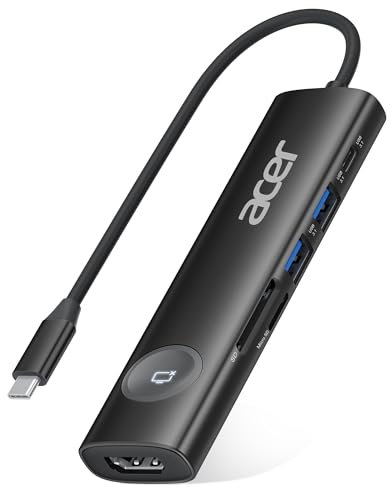 Acer USB C Hub, 7 in 1 USB C to HDMI Adapter, 4K@60Hz HDMI, 2 USB 3.1 and Type-C Data Port, 100W PD, SD Card Reader, Screen On/Off Button for MacBook Pro/air, iPad Pro/air, Switch and More (Black)