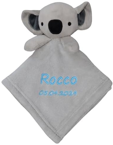 BotoBaby® - Schmusetuch mit Namen und Geburtsdatum - Kuscheltuch - (Grau - Koala)