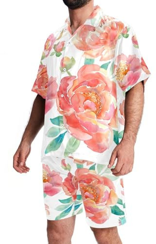 FNETJXF Ensemble court hawaïen pour homme, ensemble de chemise 2 pièces, tenue de plage pour homme, pivoines, aquarelle, fleurs roses, printemps, ensembles courts pour homme, Motif 1705, XXL