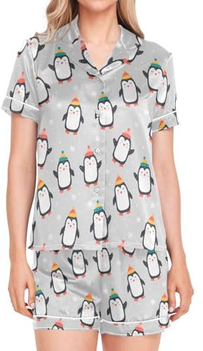 Oarencol Ensemble de pyjama à manches courtes en satin doux avec poches, motif pingouins et flocons de neige, tailles S à XXL, multicolore, S