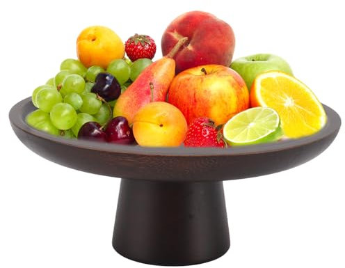 Bol à Fruits sur Pied, Assiette à Fruits Simple et Haute, Présentoir à Dessert, Pièce Maîtresse, Plateau à Gâteau aux Fruits Rond en Bois Massif, Grand Bol à Fruits, Porte-fruits, Bol(Noir)