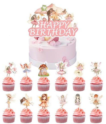 13 pcs Cake Topper Fee Cupcake Topper Fee, Feen Tortendeko, Cupcake Topper Schmetterlinge Feen, Happy Birthday Tortendeko Fee, Dekorationen für Mädchen Geburtstage