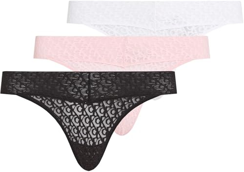 Calvin Klein Strings Lot de 3 Femme Low Rise avec Dentelle, Multicolore (Black/Classic White/Buff Pink), M
