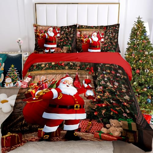 IUNTWEIE Weihnachtsbettwäschee 135x200,Weihnachtsmann und Elch Schneemann Rot Bettbezug,Weihnachtsdekoration,Weiche Bettwäsche Set mit Reißverschluss (E, 135x200cm)