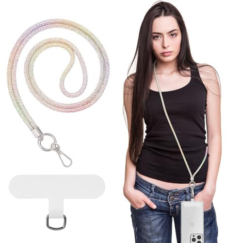 MoKo Universal Phone Lanyard, Chaîne en métal pour téléphone Portable, Sangle Anti-vol détachable pour téléphone Portable de Femme, Cordon Autour du Cou avec Patchs pour iPhone, Cristal Argent