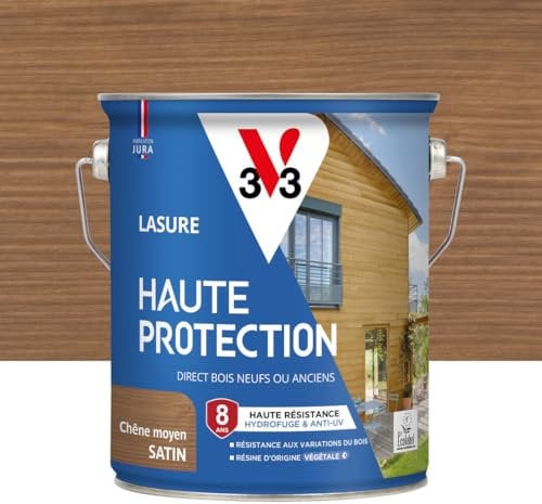 V33 Lasure Bois extérieur Chêne moyen satin - Haute Protection 8 ans - Haute résistance hydrofuge et anti-UV - Résiste aux variations du bois - Ecolabel, résine d'origine végétale - 2,5L