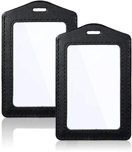 Mabor - Porta badge in pelle, 2 pezzi, porta badge verticale su entrambi i lati, trasparente, impermeabile, per ufficio, personale, studenti, carte di credito scolastiche (nero)