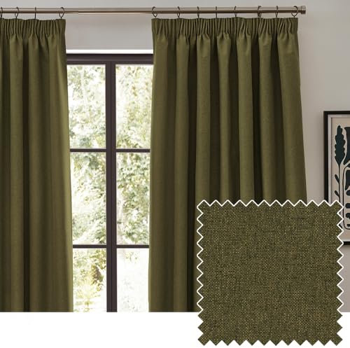 furn. Dawn Textured Blackout Pencil Pleat Curtains – Thermal Lined Pair (Green - Width 229 x Drop 229cm)
