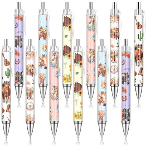 Clabby 12 Stück Kugelschreiberset mit Pferdemotiv Einziehbarer Druckkugelschreiber Set Cartoon-Kugelschreiber zum Weihnachten Schulbürobedarf Geschenk zum Pferd Liebhaber Lehrertag