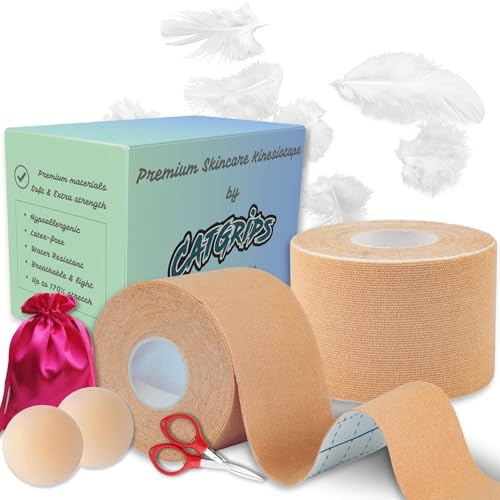 CATGRIPS Face Tape, Body Tape, Kinesiologisches Gesichtstape, Unsichtbares Kinesiotape Körper, Kinesiologisches Tape Gesicht, Face Tape, Boob Tape, Japanese Face Tape (Beige, Premium Pack)