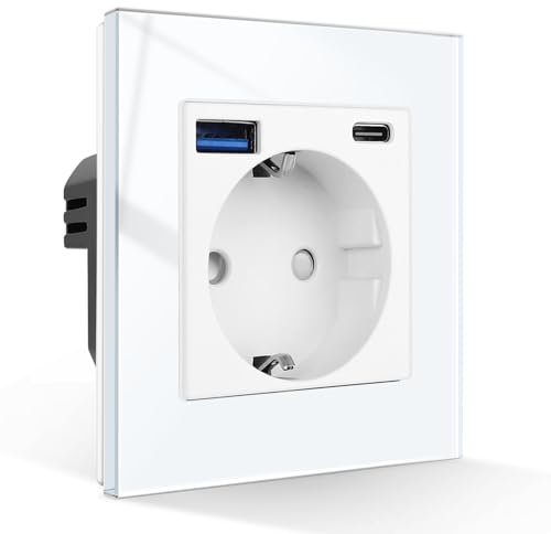 CNBINGO Schuko Steckdose mit USB A und Typ C Port, Einzel Wandsteckdose Unterputz, 16Amp Glas Steckdosen, Weiß