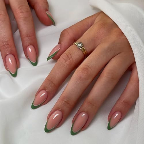 Short Oval Stick on Nails - 24pcs Dark Green Edge French Tip False Nails - Press on Nails Removable Glue-on Nail Full Cover Fake Nail Women Girls