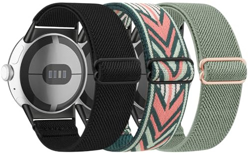 Vancle 3 Stück Armband für Google Pixel Watch 2/3 41mm, Nylon Elastisch Verstellbares Uhrenarmband für Damen Herren, Schwarz/Grün